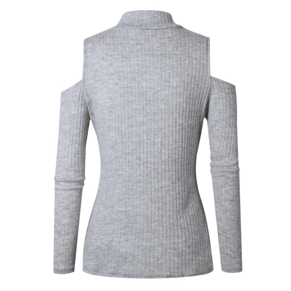 Cold Shoulder Stretchy Ribbed Knit Sweater Top - Picture 3 of 6